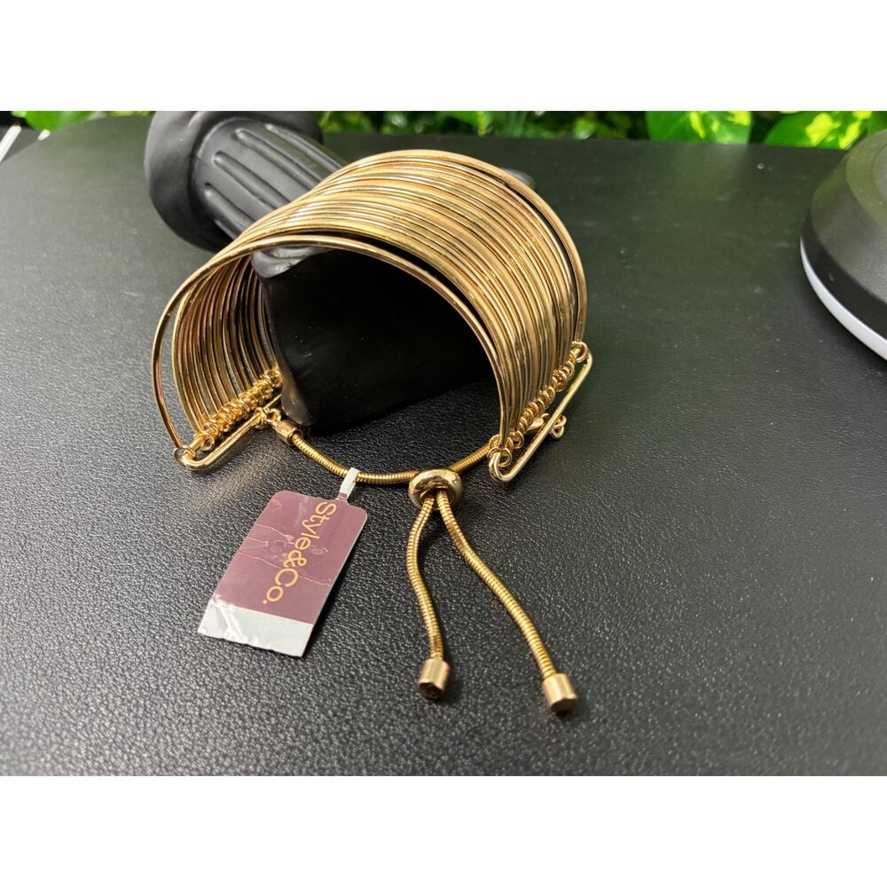 Style & Co Gold Tone Wide Cuff Bracelet Adjustable Layered Bangle NWT